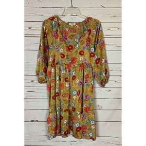 Umgee USA Boutique Women's S Small Gold Floral V Neck 3/4 Sleeves Spring Dress